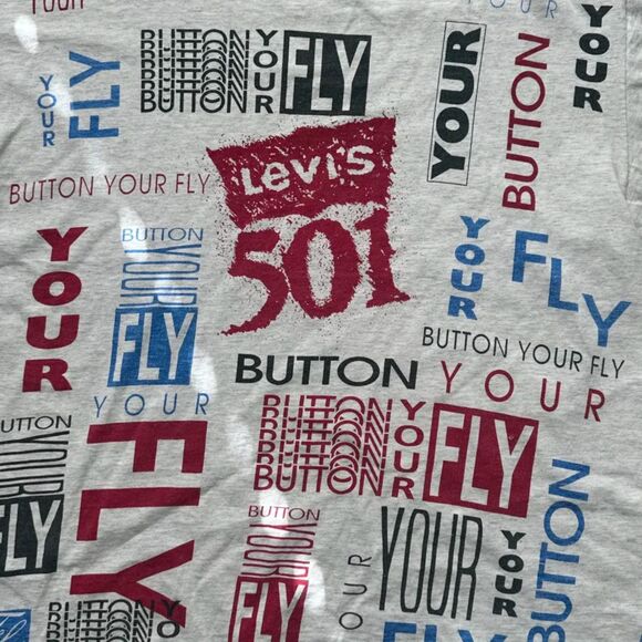Vintage Levi's 501 Button Your Fly Test Sample All Over Print T Shirt Size L - Picture 2 of 7